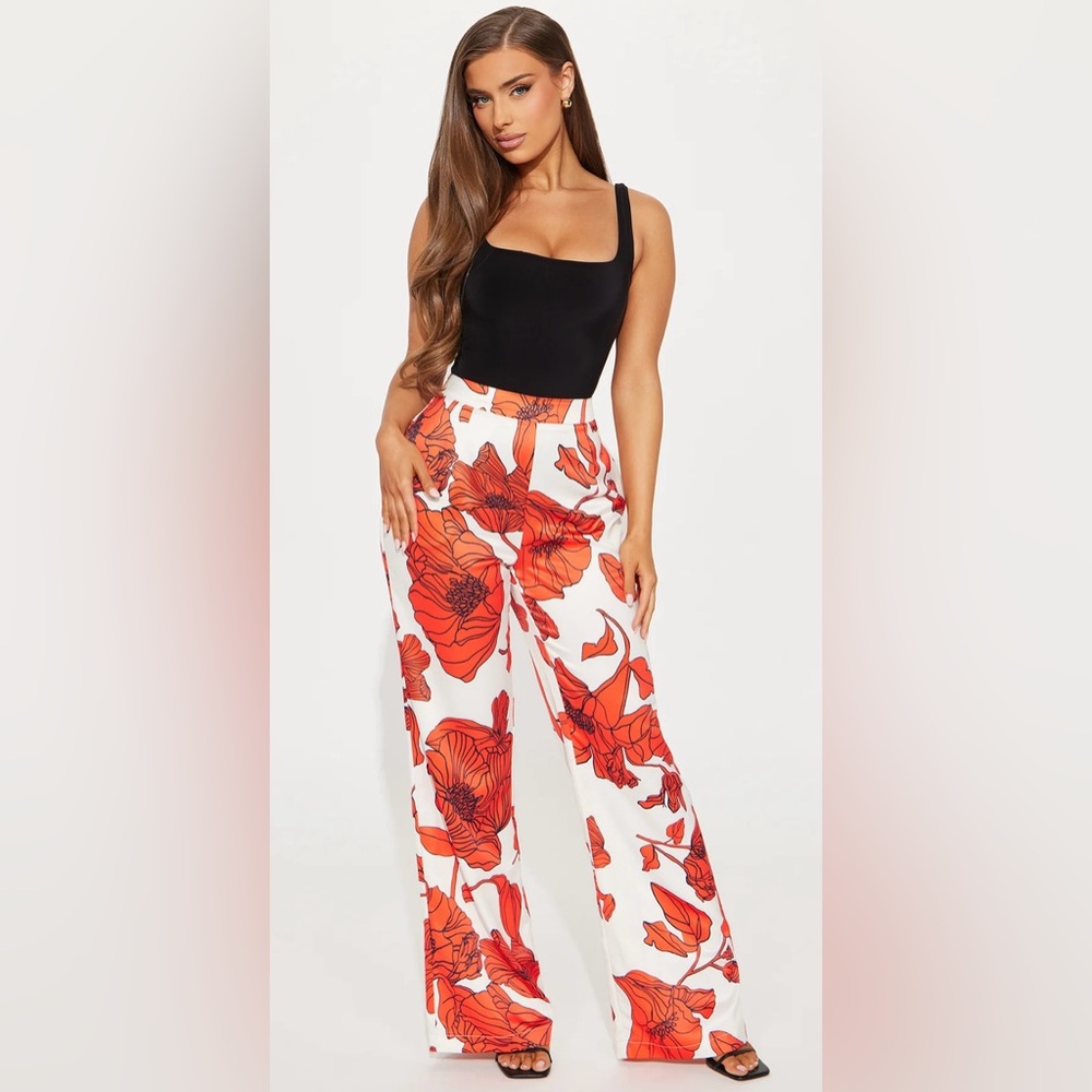 Floral Print Wide-Leg Satin Pants